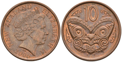 Новая Зеландия 10 центов 2006 Елизавета II (1952-2022), маска маори KM 117а сталь плакированная медью 113-341