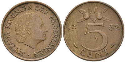 НИДЕРЛАНДЫ 5 ЦЕНТОВ 1962 ЮЛИАНА (1949-1980) КМ 181 бронза 4573-354