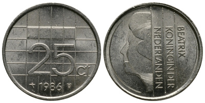 НИДЕРЛАНДЫ 25 ЦЕНТОВ 1986 БЕАТРИКС KM 204 никель 73-664