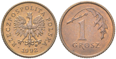 Польша 1 грош 1992 Y 276 марганец латунь UNC 4614-564
