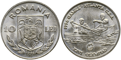 Румыния 10 леев 1996 XXVI олимпийские игры 1996 года в Атланте, академическая гребля двойка KM 124 никелированная сталь  UNC  3999-824