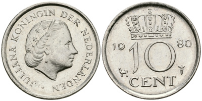 Нидерланды 10 центов 1980 Юлиана (1949-1980) KM 182 никель 96-541