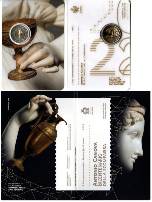 Сан-Марино 2 евро 2022 200 лет со дня смерти Антонио Кановы, в оригинальном буклете KM 611 биметалл UNC 8-2-01-30