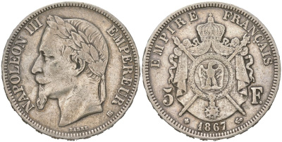 Франция 5 франков 1867 BB, Наполеон III (1852-1870) KM 799.2 серебро 4044-441