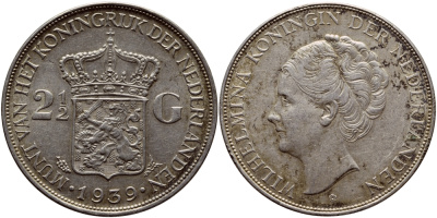 Нидерланды 2 1/2 гульдена 1939 Вильгельмина I (1890-1948) KM 165 серебро 00-00