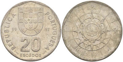 Португалия 20 эскудо 1987 KM 634 медно-никель 4572-1112