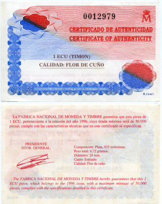 Испания 1 экю 1996 парусник Timon, в оригинальной деревянной коробке, с сертификатом  серебро  PROOF  4-3-1-10