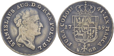 Польша 8 грошей (2 злотых) 1789 ЕВ, Станислав II Август Понятовский (1764-1794), вес 9,24 г KM 209.1 (C54), Kopinski 412.3 серебро 00-812-19