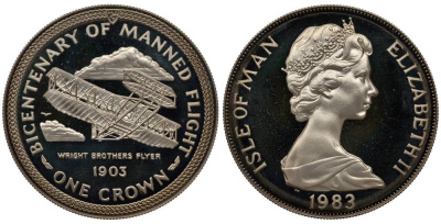 Остров Мэн 1 крона 1983 серия 200 лет пилотируемому полету, биплан братьев Райт KM 104а серебро PROOF 1078-1-24