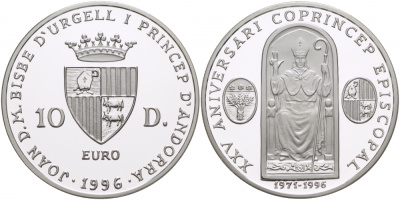 Андорра 10 динеров 1996 25 лет соправления  Жоана Марти-и-Аланиса, ECU KM 125 серебро PROOF 1068-5-21