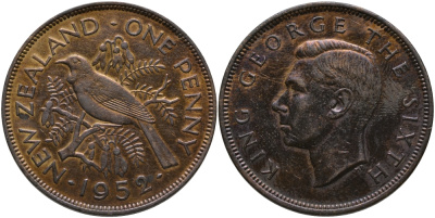 Новая Зеландия 1 пенни 1952 Георг VI (1936-1952), новозеландский туи KM 21 бронза 75-346