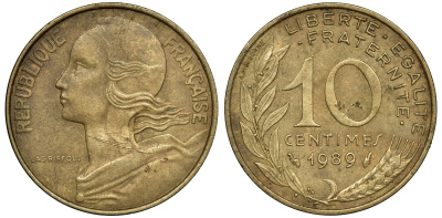 Франция 10 сантимов 1989 тип Marianne KM 929, le Franc 144.29 алюминиевая бронза 91-946