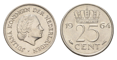 Нидерланды 25 центов 1964 Юлиана (1948-1980) KM 183 никель 4658-828