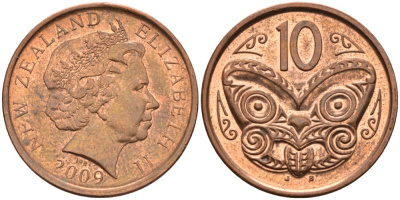 Новая Зеландия 10 центов 2009 маска Маори, Елизавета II (1952-) KM 117а сталь плакированная медью 4114-225
