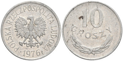 ПОЛЬША 10 ГРОШЕЙ 1976 MW KM АА47 алюминий XF 4528-846
