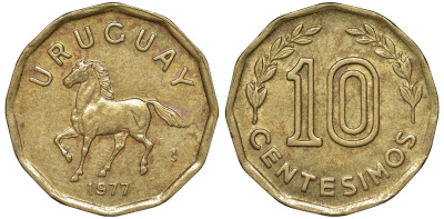 Уругвай 10 сентесимо 1977 KM 66 алюминиевая бронза 4164-758