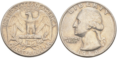 США 25 центов (квотер) 1968 Вашингтон KM 164a медь плакированная медно-никелем 80-331