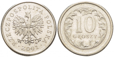 Польша 10 грошей 2001 MW KM 279, Parchimowicz 704h медно-никель 112-1238