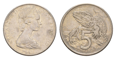 Новая Зеландия 5 центов 1981 Елизавета II (1952-2022), ящерица гаттерия KM 34.1 медно-никель 4178-345