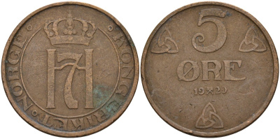 Норвегия 5 эре 1929 Хокон VII (1906 - 1957) KM 368 бронза 4148-237