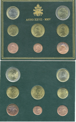 Ватикан евронабор из 8 монет 2005 Папа Иоанн Павел II, в оригинальном буклете KM MS 111 биметалл UNC 1-5-3-12