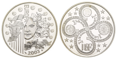 Франция 1 1/2 евро 2003 первая годовщина введения евро, в оригинальной коробке, сертификат KM 1338 серебро  PROOF  1-6-4-32