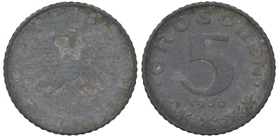 Австрия 5 грошей 1950 KM цинк 4164-327