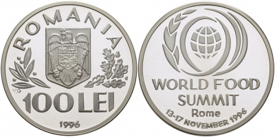 Румыния 100 леев 1996 FAO, мировой саммит продовольствия в Риме ​KM 133 серебро PROOF 11-173-42