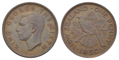 Новая Зеландия 1 пенни 1950 Георг VI (1936-1952), новозеландский туи KM 21 бронза 4672-311