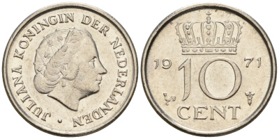 Нидерланды 10 центов 1971 Юлиана (1948-1980) KM 182 никель  4602-532