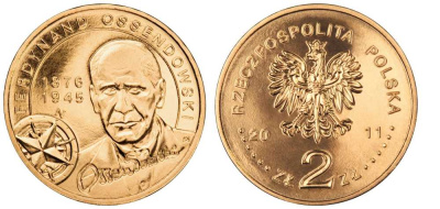 Польша 2 злотых 2011 серия польские путешественники, Фердинанд Оссендовский KM 797 латунь UNC M3-05