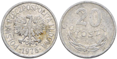 Польша 20 грошей 1976 MW KM A47, Parchimowicz 208p алюминий 99-748