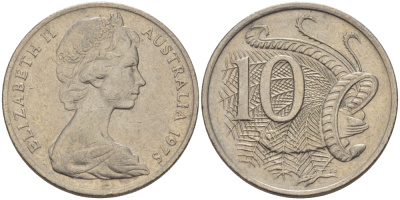 Австралия 10 центов 1975 Елизавета II (1952-), птица лирахвост KM 65 медно-никель 67-544