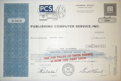 США, Publishing Computer Services, Inc. 100 акций 1974 бумага 8805-55-1