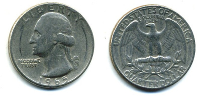 США 25 центов (квотер) 1965 Вашингтон KM 164а медь плакированная медно-никелем 46-1824
