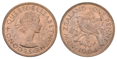 Новая Зеландия 1 пенни 1964 Елизавета II (1952-2022), новозеландский туи KM 24.2 бронза aUNC 4403-735