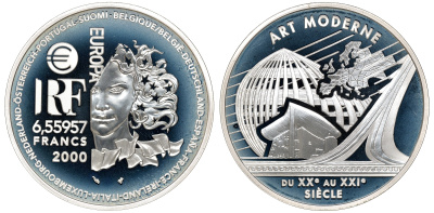Франция 1 евро = 6,55957 франков 2000 современная архитектура XX-XXI веков в коробке с сертификатом KM 1228 серебро PROOF 4-3-3-16
