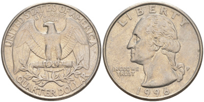 США 25 центов (квотер) 1996 P, Вашингтон KM A164a медь плакированная медно-никелем 4114-942
