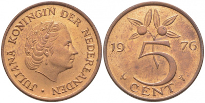 Нидерланды 5 центов 1976 Юлиана (1949-1980) KM 181 бронза 3856-513