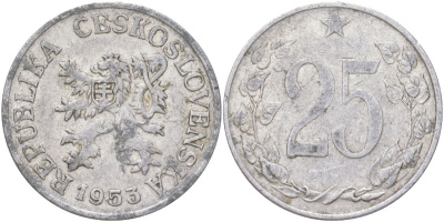 Чехословакия 25 геллеров 1953 KM 39 алюминий 4163-1142