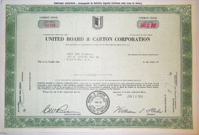 США, United Board & Carton Corporation 1 акция 1966 бумага 00-00