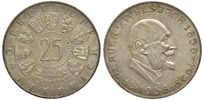 Австрия 25 шиллингов 1958 100 лет со дня рождения Карла Вельсбаха KM 2884 серебро aUNC 413-3121