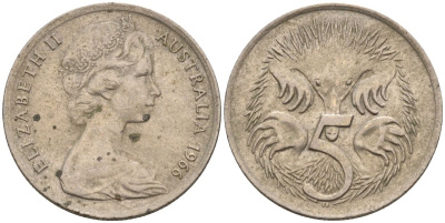 Австралия 5 центов 1966 Елизавета II (1952-) молодой портрет, ехидна KM 64 медно-никель    4154-425