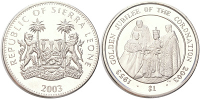 Сьерра-Леоне 1 доллар 2003 50 лет коронации Королевы Елизаветы II KM 282 медно-никель BU 4368-1125