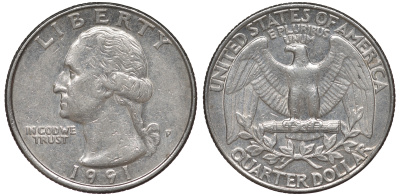 США 25 центов = квотер 1991 P, Вашингтон KM A164a медь плакированная медно-никелем 4543-1245