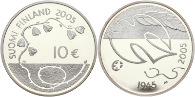 Финляндия 10 евро 2005 60 лет мира в Европе, голубь мира KM 120 серебро PROOF 11-152-43