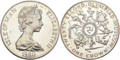 Остров Мэн 1 крона 1980 XXIII Олимпиада 1980 года в Москве, виды спорта KM 65a серебро PROOF 11-039-33