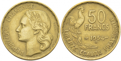 ФРАНЦИЯ 50 ФРАНКОВ 1954 B KM 918.2 алюминиевая бронза 4403-241