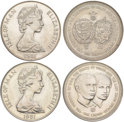 Остров Мэн полный набор из 2 монет (1 крона) 1981 Свадьба Принца Чарльза и Леди Дианы KM 81 и 82 медно-никель BU 4184-1014-1015