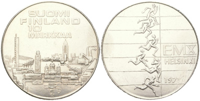 Финляндия 10 марок 1971 X Чемпионат Европы по легкой атлетике KM 52 серебро BU 81-544